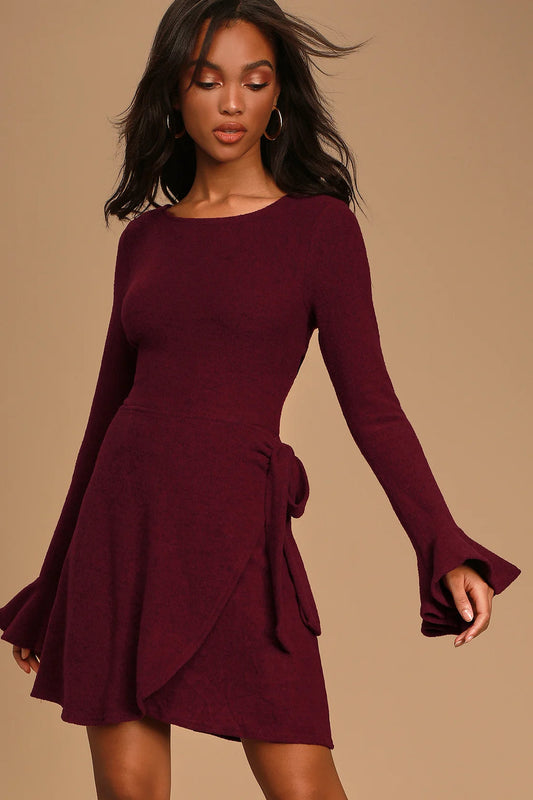 Women Burgundy Wrap Dress Sweater Flounce Sleeve Dress
