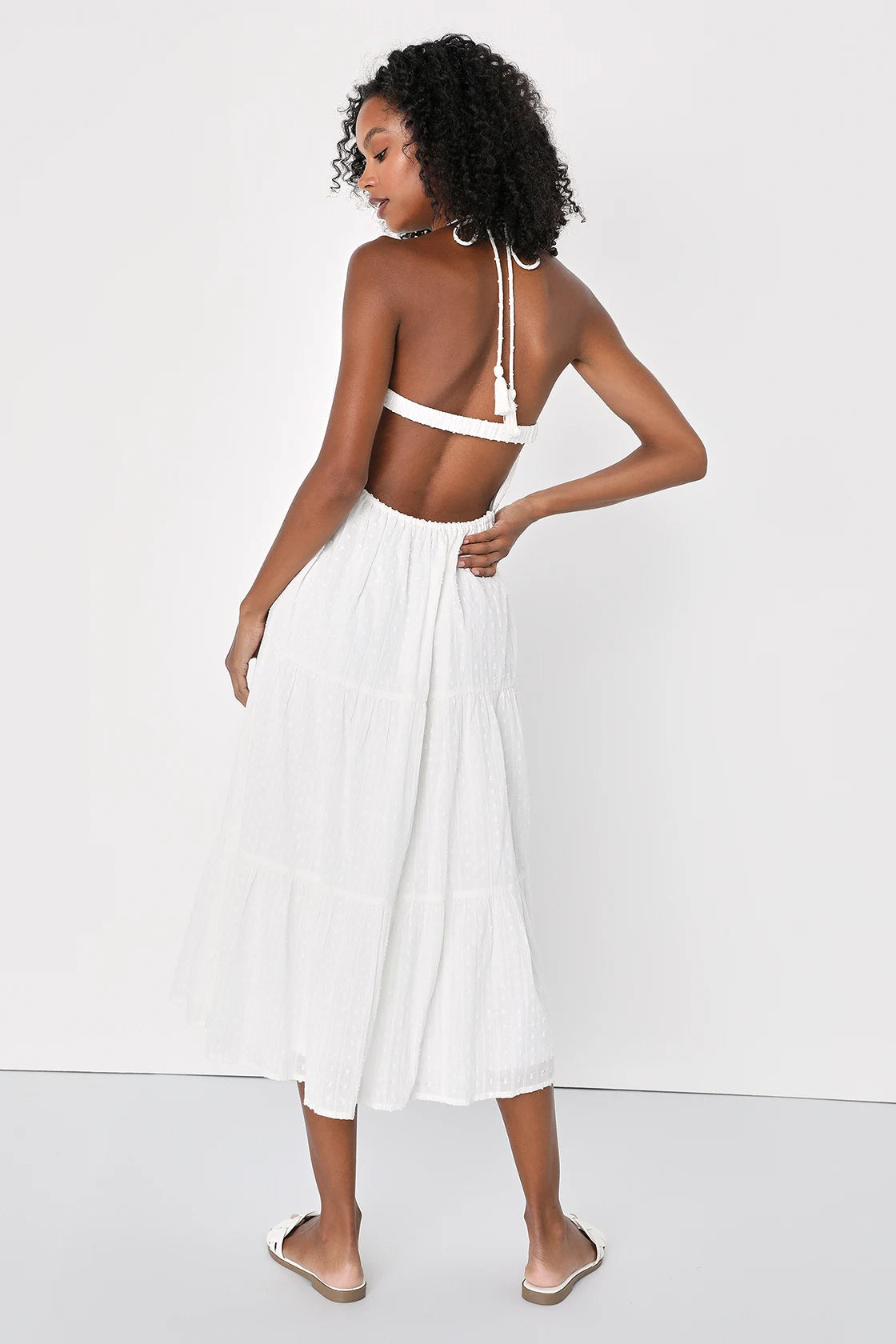 Women White Swiss Dot Dress Lurex Halter Midi Dress