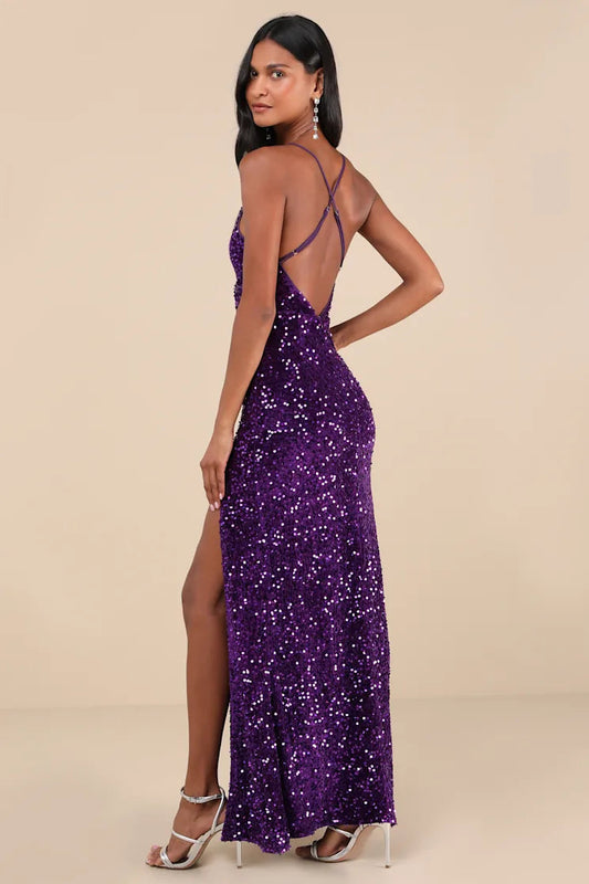 Women Purple Sequin Dress Mermaid Maxi Dress
