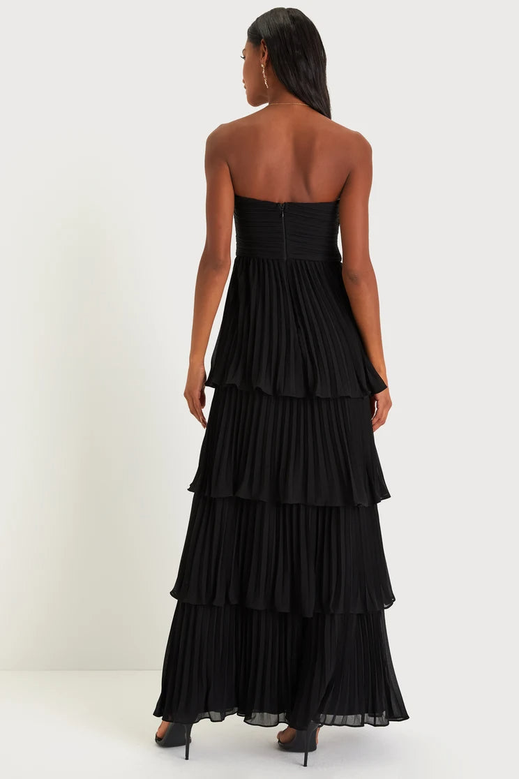 Women Sexy Black Maxi Dress Pleated Strapless Tiered Dress