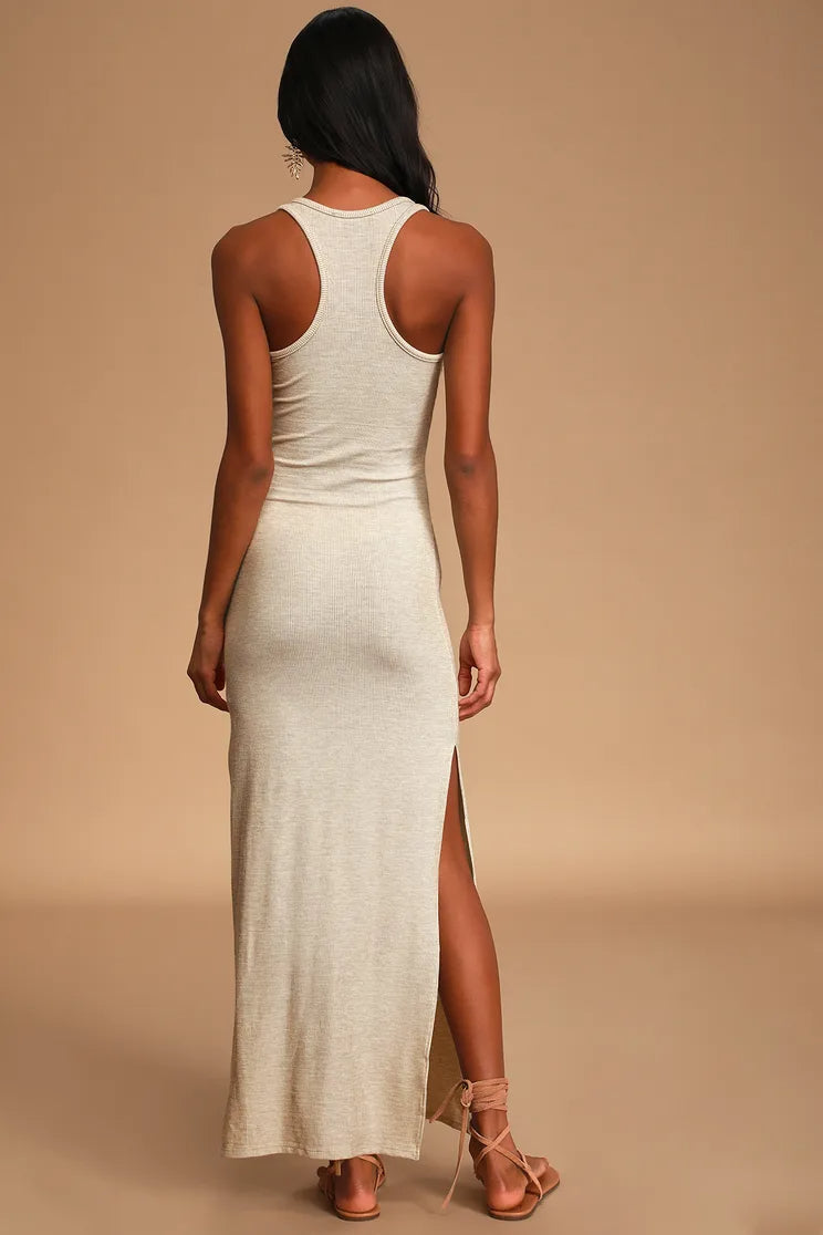 Women Sexy Beige Maxi Dress Ribbed Knit Bodycon Long Dress