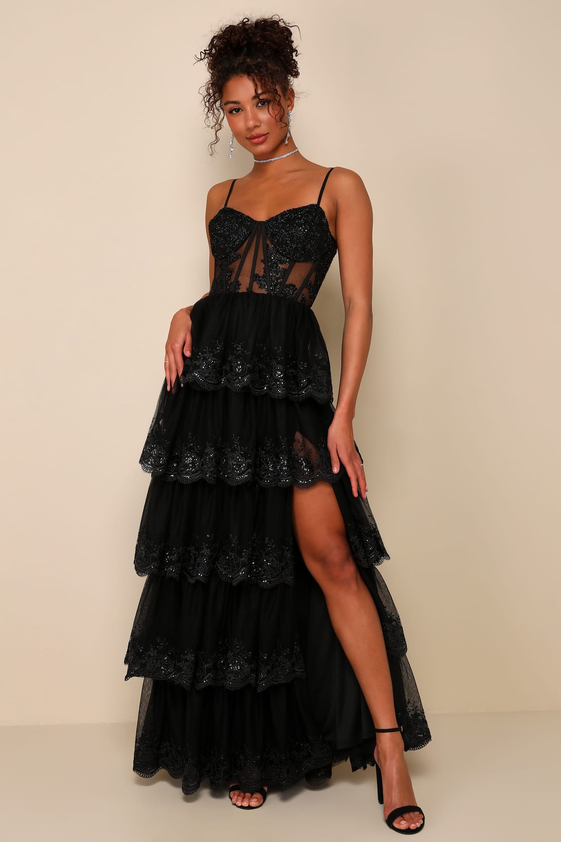 Women Sexy Black Tulle Dress Embroidered Tiered Bustier Maxi Dress