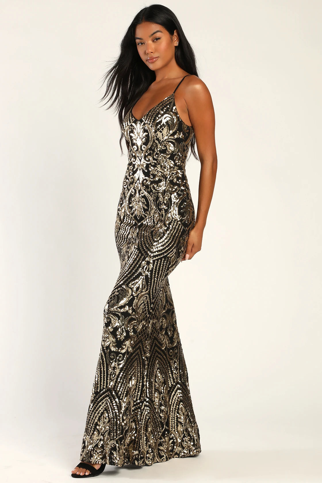 Women Sexy Black and Gold Sequin Dress Mermaid Maxi Dress