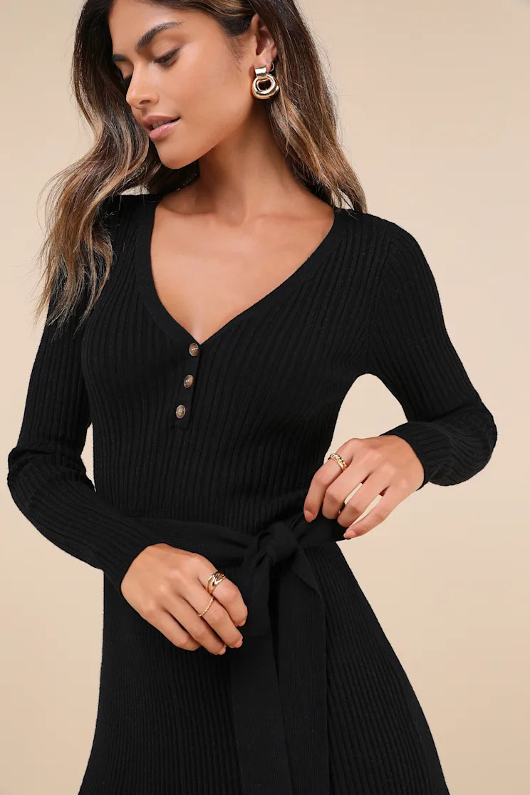 Women Sexy Black Henley Sweater Mini Dress Fit-and-Flare Dresses