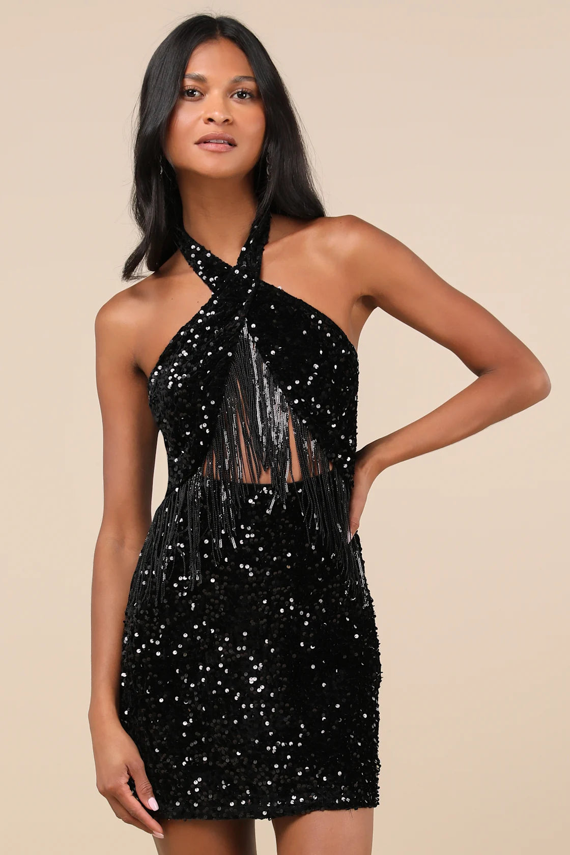 Women Sexy Black Sequin Mini Dress Velvet Sequin Fringe Dress