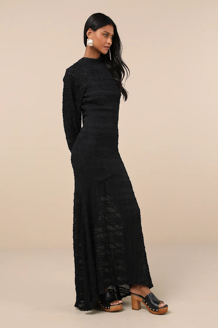 Women Sexy Black Backless Gown Trumpet Hem Long Sleeve Maxi Dress