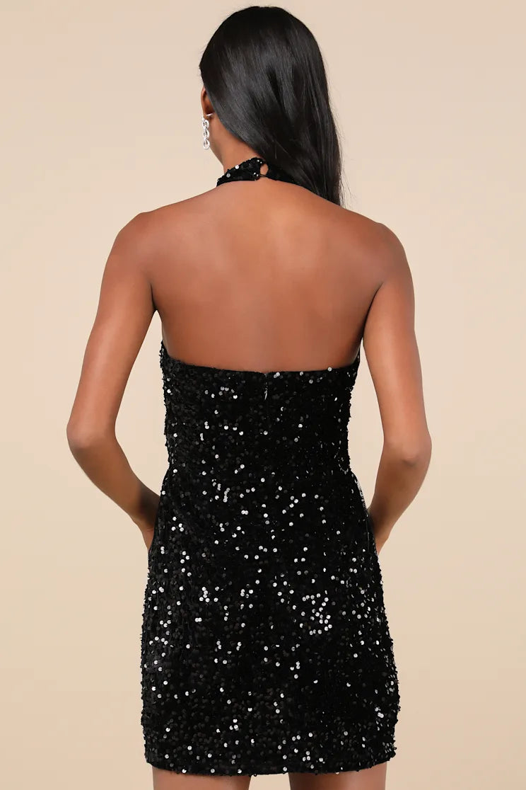 Women Sexy Black Sequin Mini Dress Velvet Sequin Fringe Dress