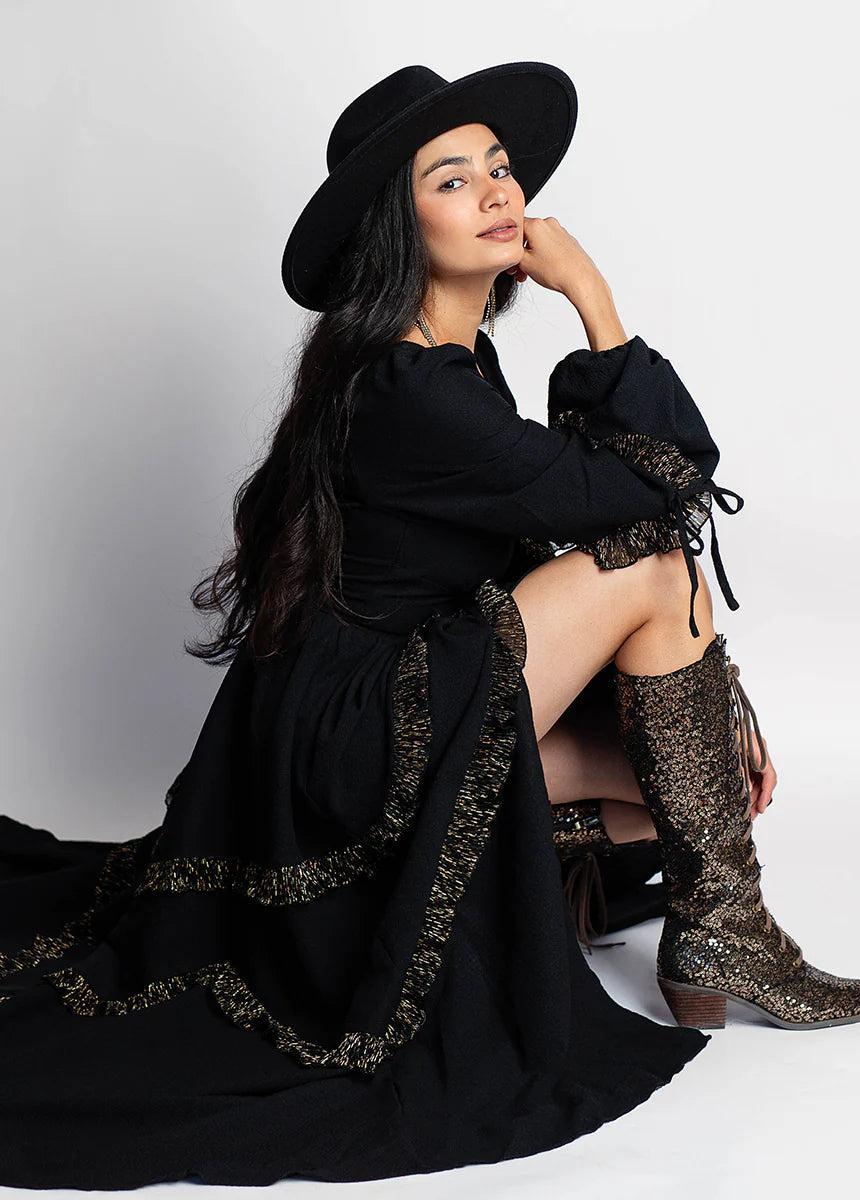 Women Long Sleeved Black Boho Dress