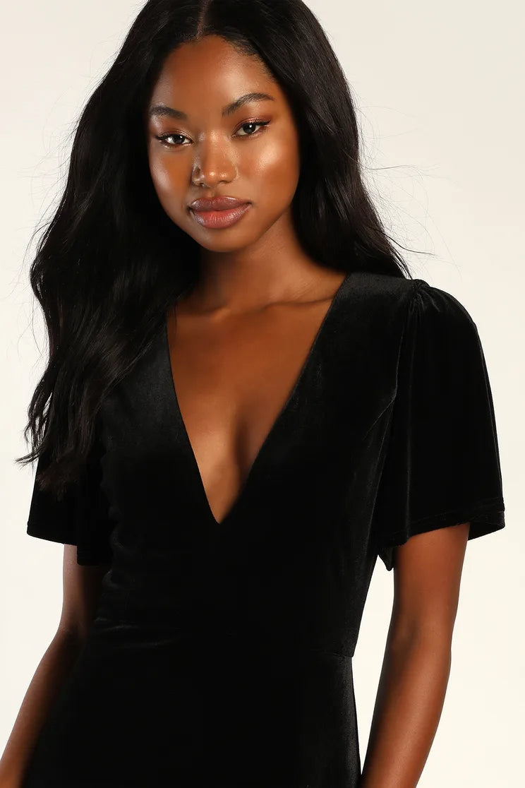 Women Sexy Black Velvet Dress Trumpet Maxi Dress Formal Gown