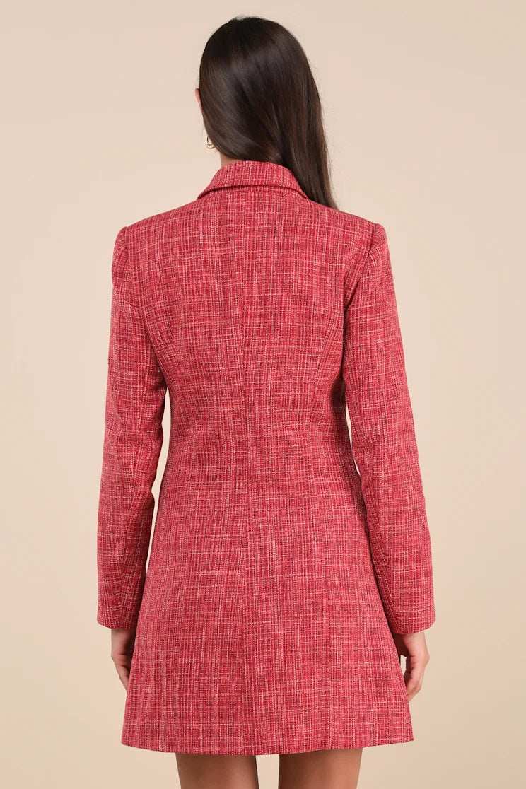 Women Red Tweed Blazer Dress Long Sleeve Mini Dress