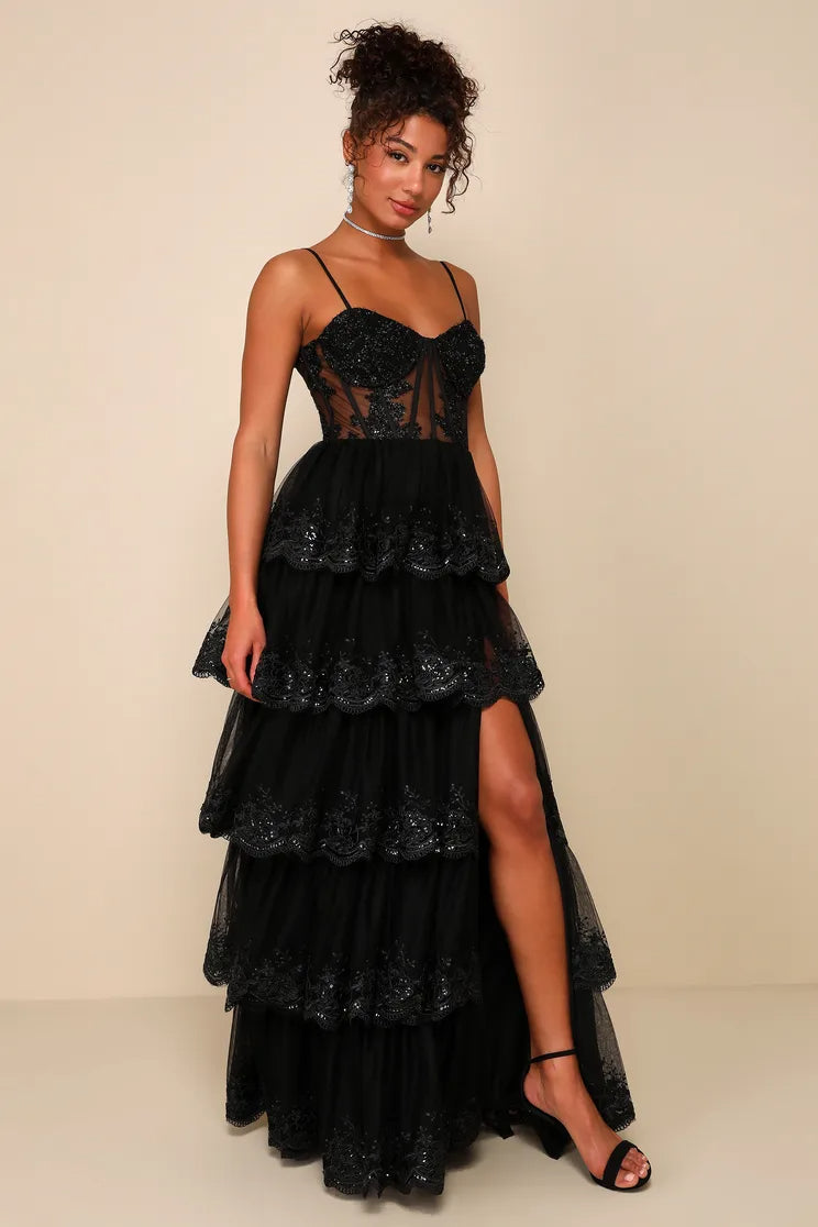 Women Sexy Black Tulle Dress Embroidered Tiered Bustier Maxi Dress