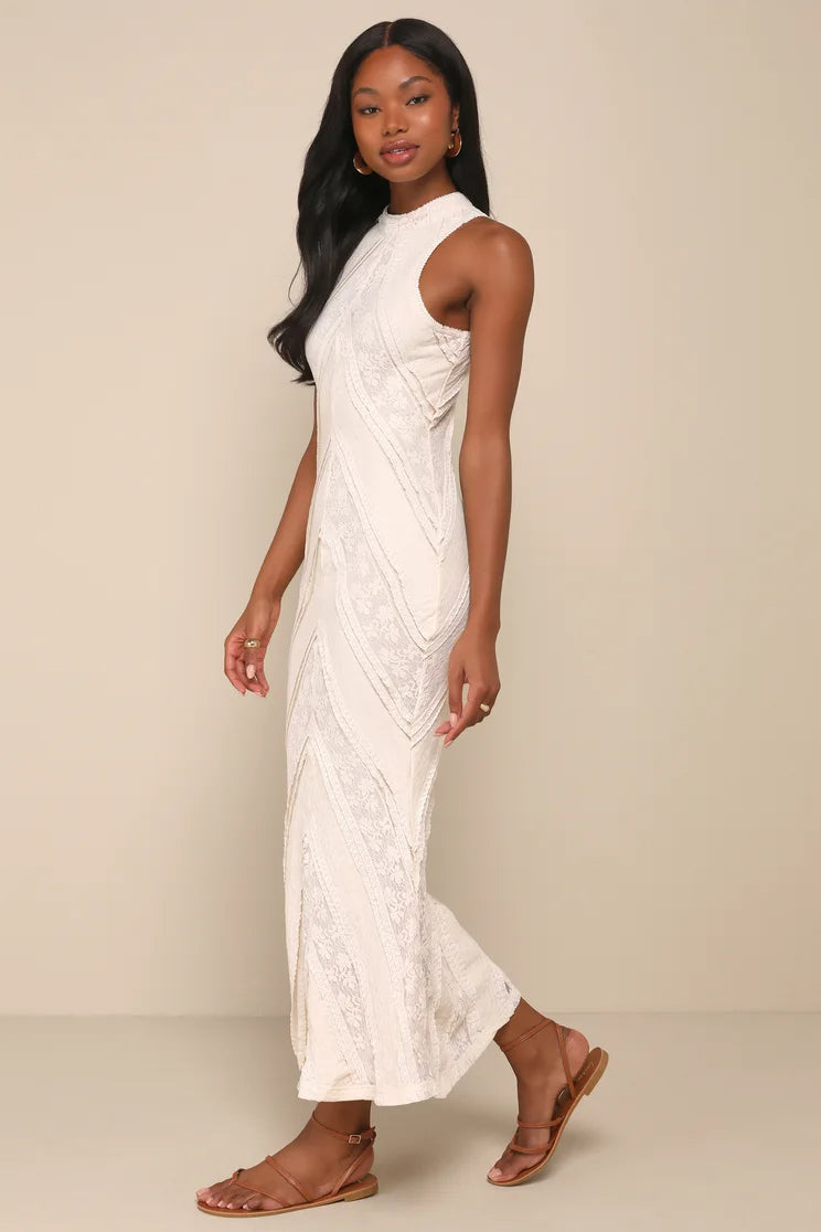 Women Lace Maxi Sleeveless Mock Neck Cutout Dress