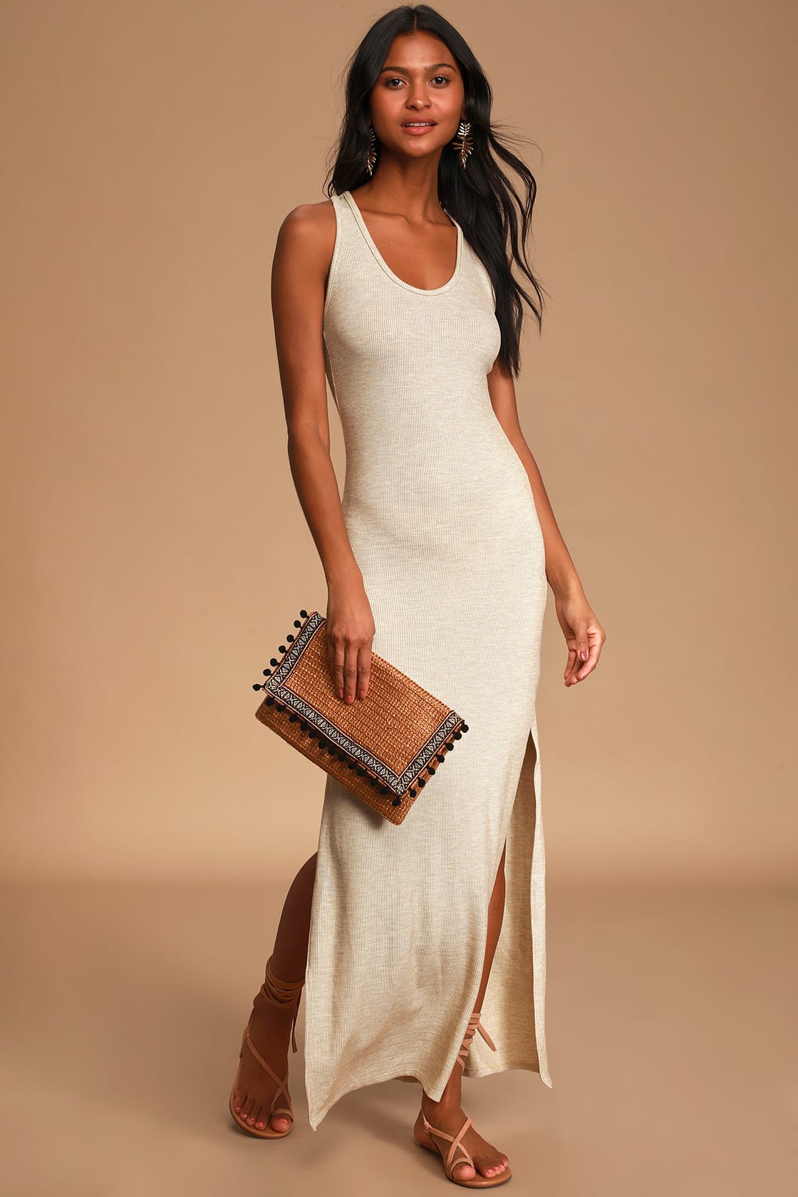 Women Sexy Beige Maxi Dress Ribbed Knit Bodycon Long Dress