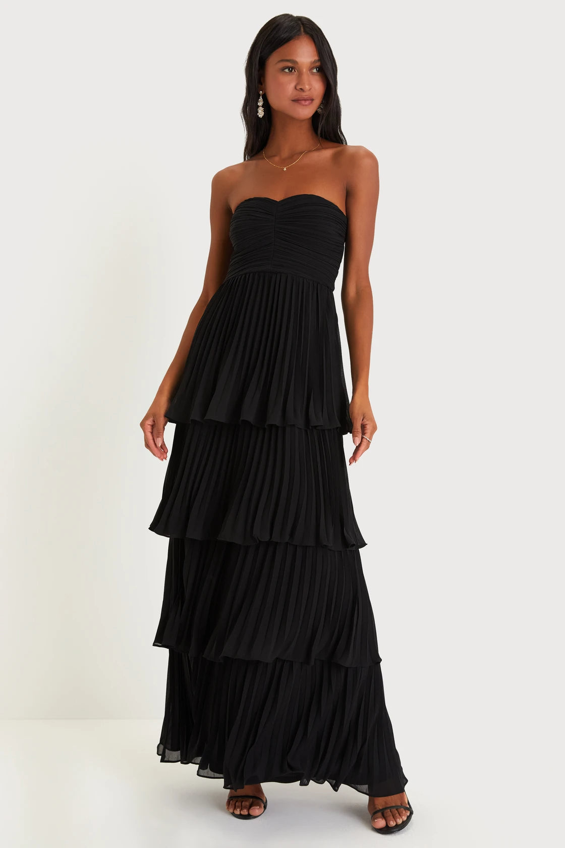 Women Sexy Black Maxi Dress Pleated Strapless Tiered Dress